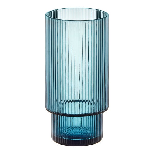 A close-up of an Acopa Lore blue highball glass.