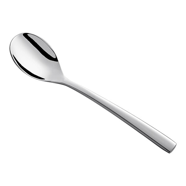 An Acopa Lore stainless steel demitasse spoon with a silver handle.