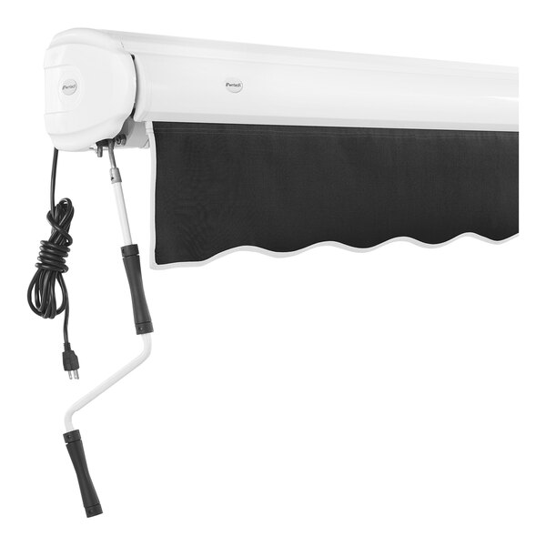 A black Awntech patio awning with protective hood.