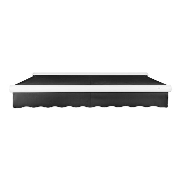 A black Awntech Key West retractable patio awning with a white protective hood.