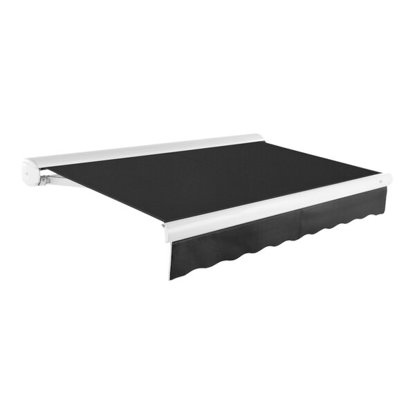 A black Awntech Key West retractable awning with protective hood.