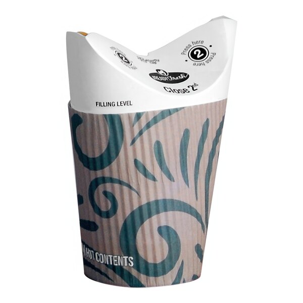 A close-up of a LK Packaging paper hot cup with a butterfly design.