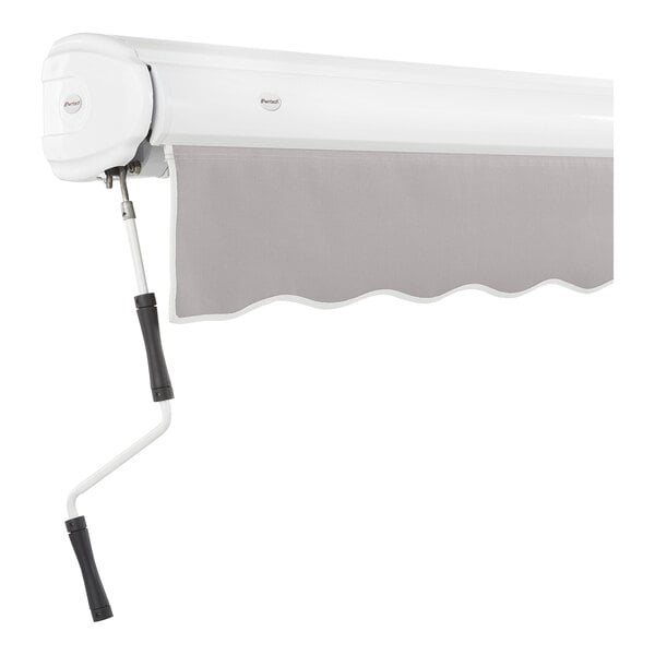 A white awning with a grey cloth on it.