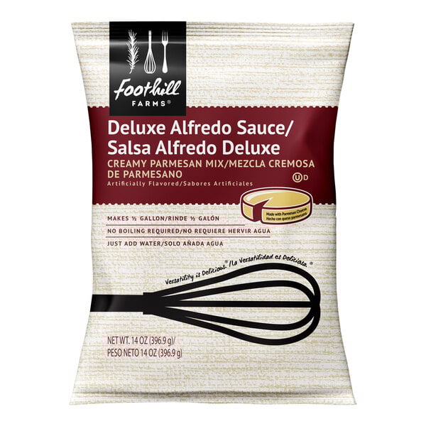 A 14-ounce bag of Foothill Farms Deluxe Alfredo Sauce Mix.