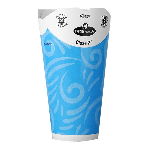 A white paper cold cup with a blue and white butterfly design on it.