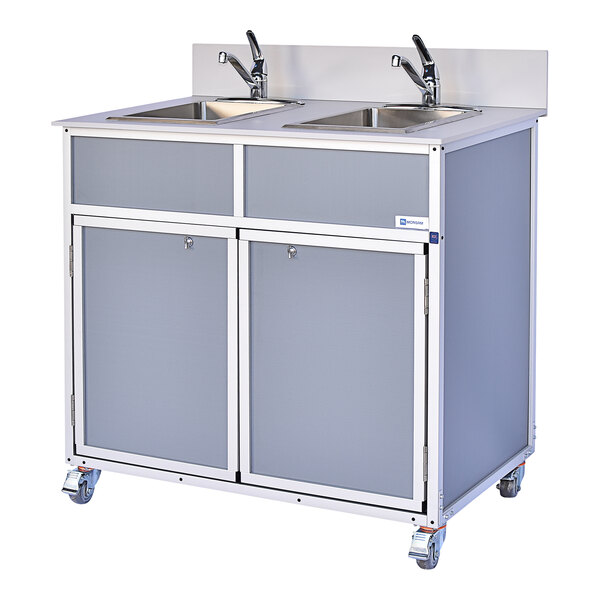 A gray Monsam double basin portable sink on wheels.