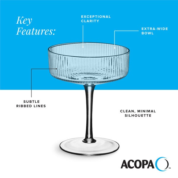 A clear coupe glass with an extra-wide bowl, subtle ribbed lines, and a clean, minimal silhouette.