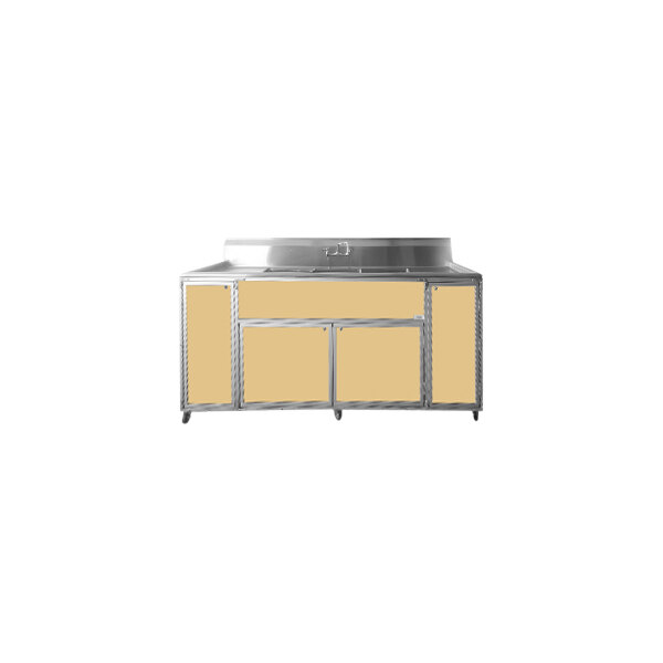A Monsam Maple portable commercial sink with three deep basins and two drainboards.