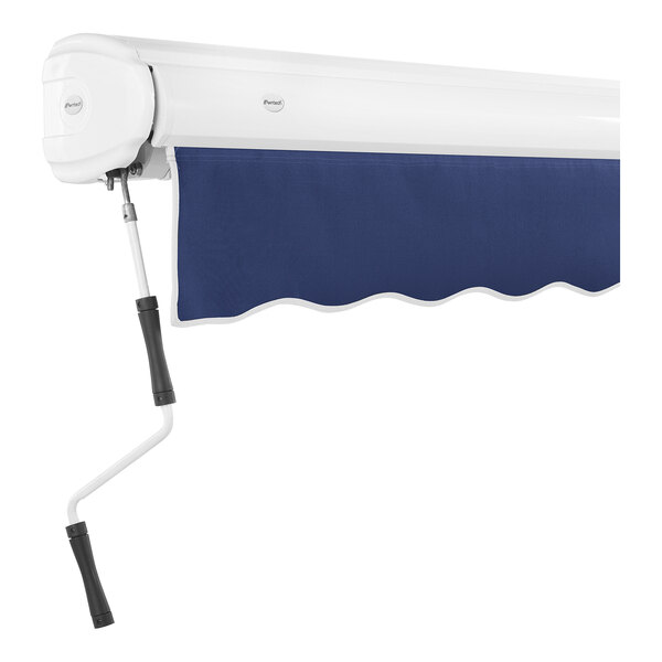 A navy blue and white Awntech Key West retractable patio awning with a protective hood.