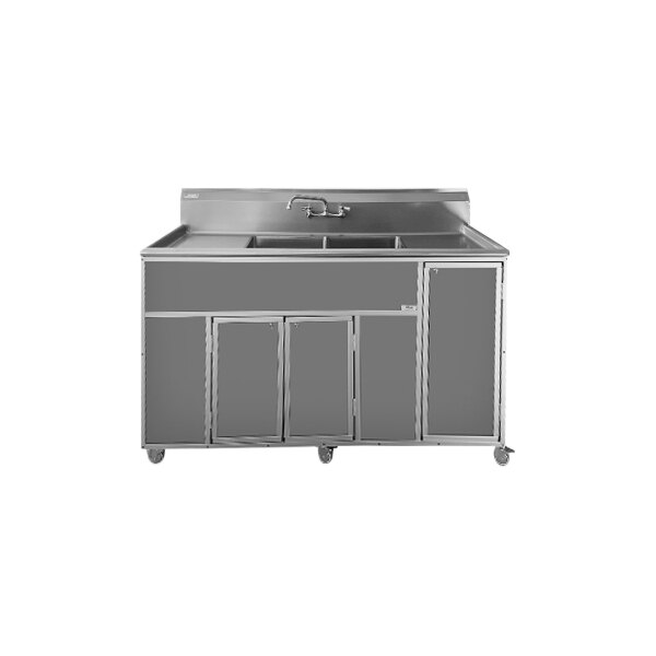 A Monsam gray portable stainless steel sink with two drainboards on wheels.