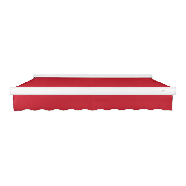 A red awning with white trim on a white background.