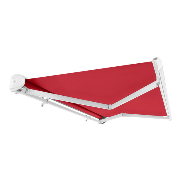 An Awntech Key West red patio awning with protective hood.