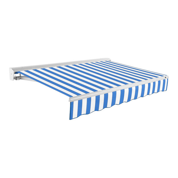 An Awntech Destin blue and white striped retractable patio awning.