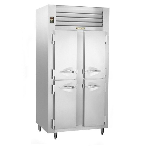 A stainless steel Traulsen reach-in freezer with two doors.