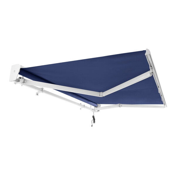 A navy blue Awntech retractable awning with white metal frame.