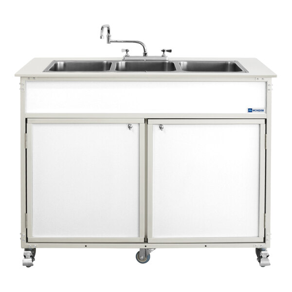 A white Monsam portable sink with three deep basins and a faucet.