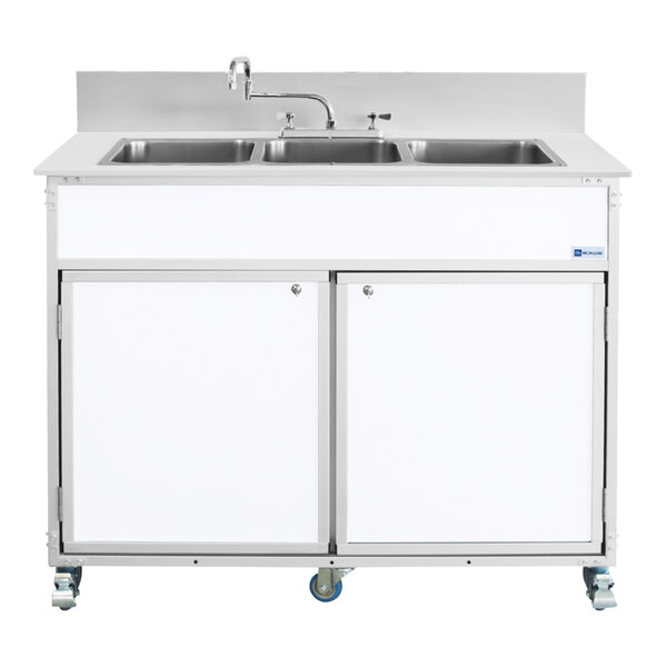 A white portable commercial sink with three deep basins and a faucet, mounted on wheels.