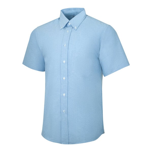 A Henry Segal light blue short sleeve oxford shirt for women with a collar and buttons.