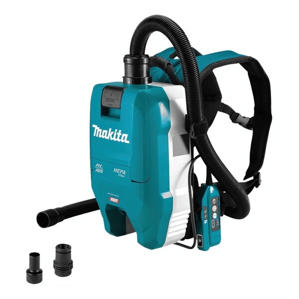 A grey rectangular Makita backpack vacuum with a black handle.