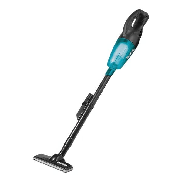 A close-up of a Makita black and blue cordless vacuum cleaner.