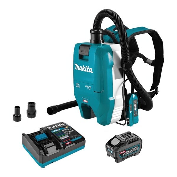 A close-up of a black and blue Makita cordless backpack vacuum.