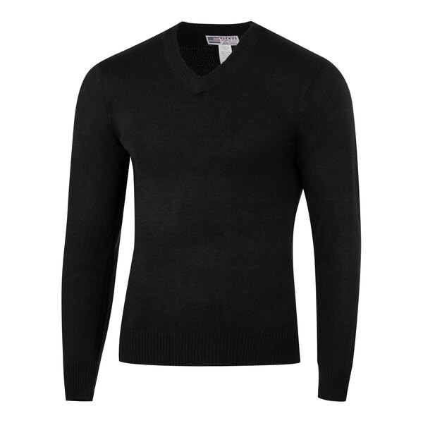 A Henry Segal black long sleeve sweater with a v neck on a white background.