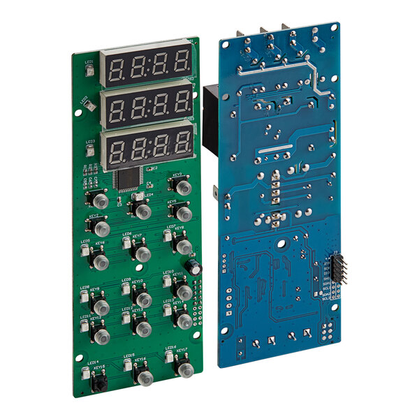 A close-up of a green Avantco PCB board with electronic components and a digital display.