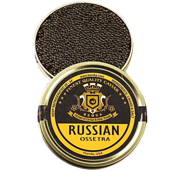 A round metal container of Bemka Classic Russian Ossetra Sturgeon Caviar with a label.