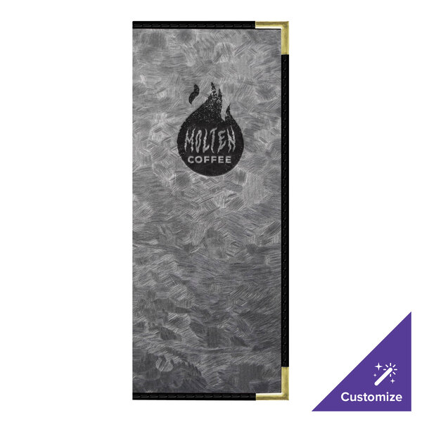 A steel menu cover with 8 customizable views on a counter.