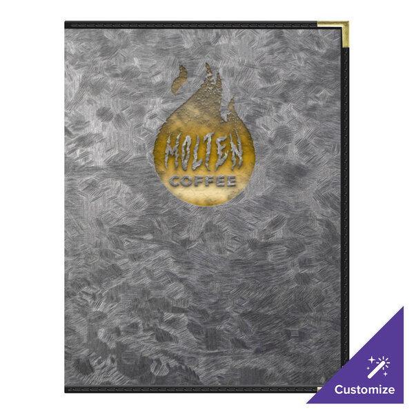A steel brushed metallic H. Risch, Inc. menu cover with customizable 8 views.