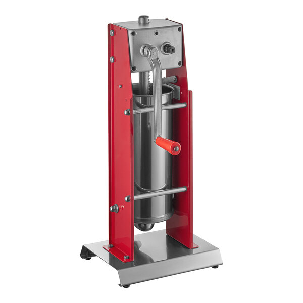 A white and red Tre Spade manual vertical sausage stuffer with a handle.