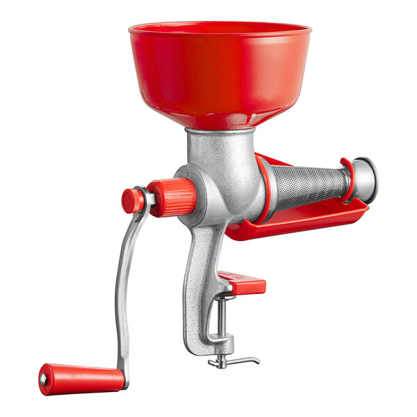 A red and silver Tre Spade manual tomato squeezer with plastic bowl.
