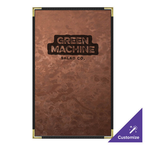 A bronze brushed metallic rectangular menu cover with black text.