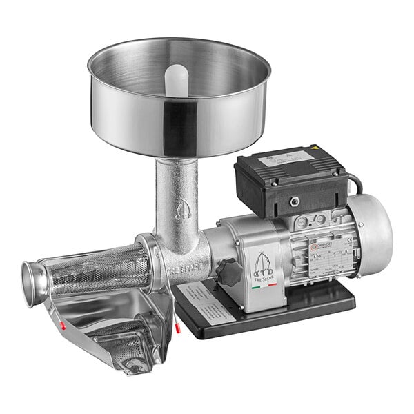 A white Tre Spade electric tomato mill with a bowl on it.