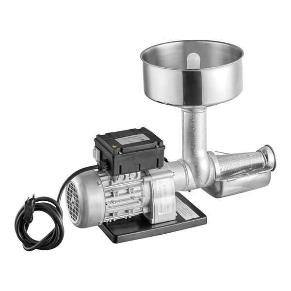 A Tre Spade Electric Tomato Mill with a bowl on it.