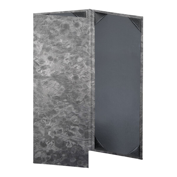 A grey metal H. Risch, Inc. menu cover with a brushed metallic finish and white border.