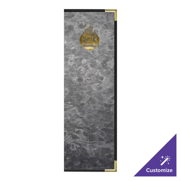 A brushed metallic steel H. Risch, Inc. menu cover with 8 views.