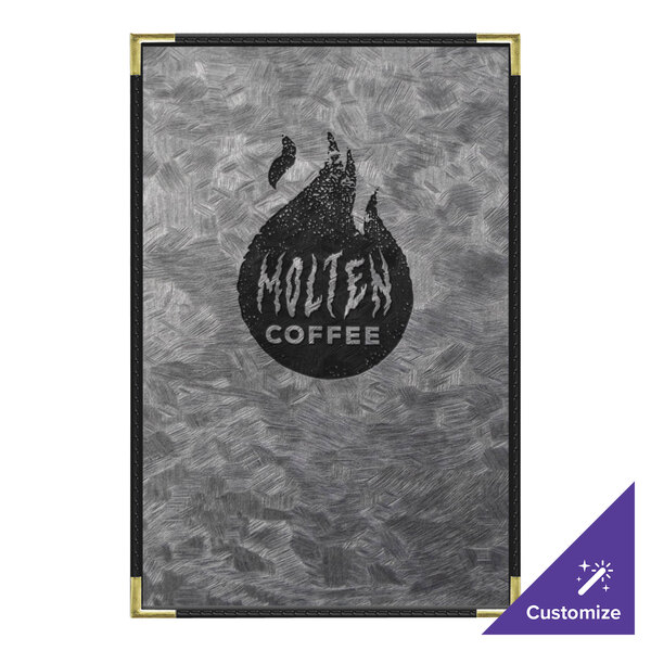 A customizable steel menu cover with a metallic finish and a logo on a grey surface.