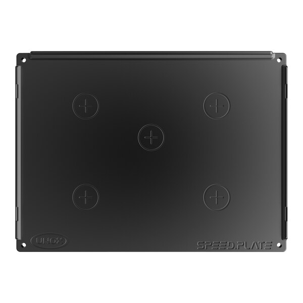 A black rectangular Unox SPEED.Plate with four crosses on it.