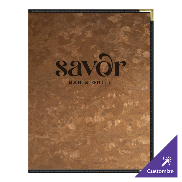 A H. Risch, Inc. fools gold metallic menu cover with black text on a table.