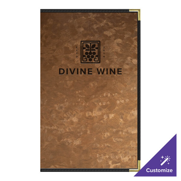 A brown brushed metallic menu cover with the words "Divine Wine" in black.