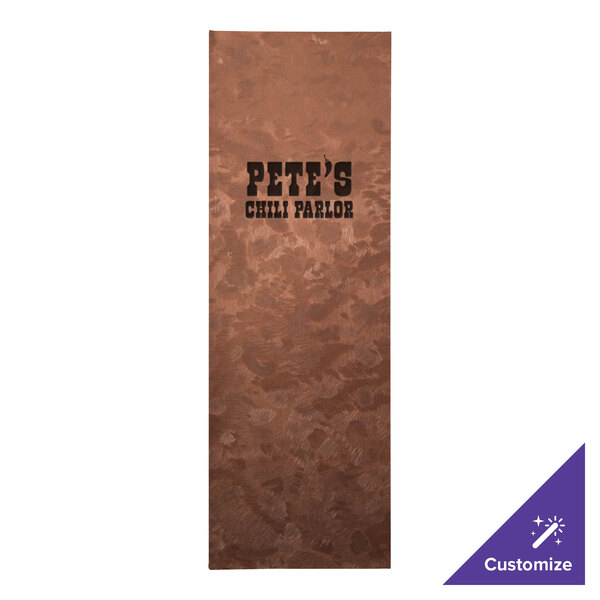 A brown rectangular menu cover with bronze brushed metallic accents and black text.