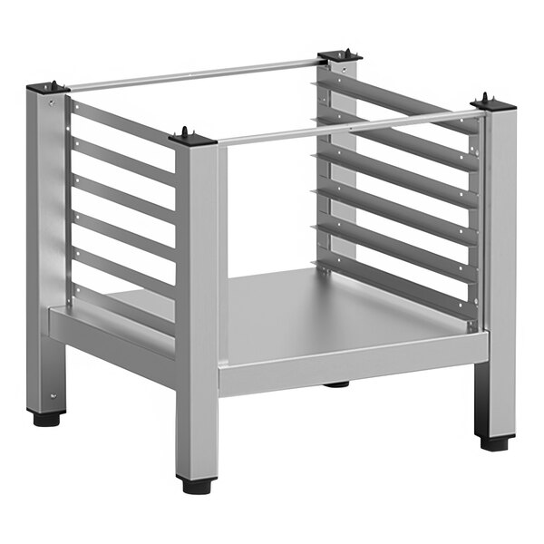 A silver metal Unox medium stand with black legs and lateral supports for four shelves.