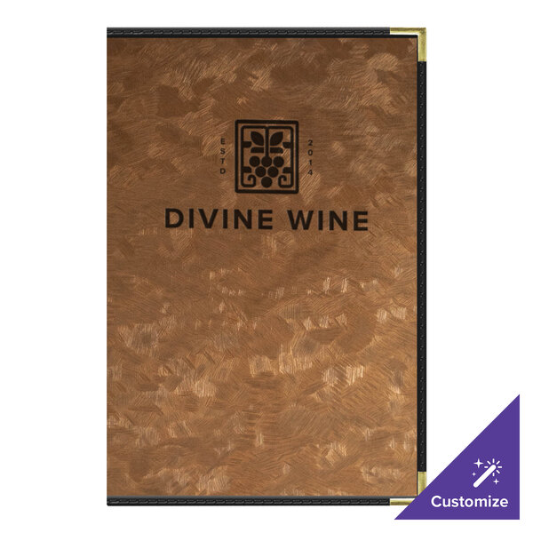 A brown metallic menu cover with the words "Divine Wine" on it.