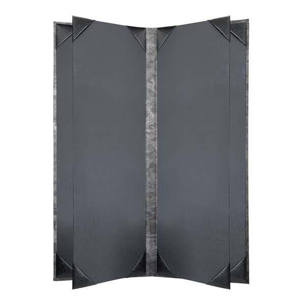 A grey rectangular menu cover with a white border and stripe with 6 views.