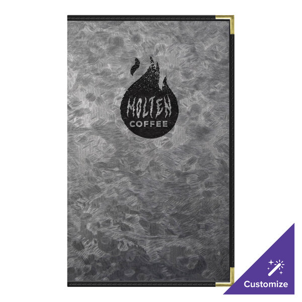A metallic menu cover with a logo on it.