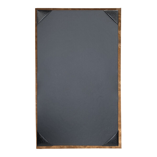 A blackboard with wooden corners.