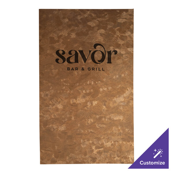 A brown customizable H. Risch, Inc. menu cover with black text on a table.