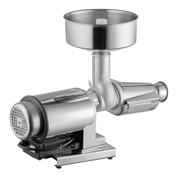 A silver and stainless steel Tre Spade BIG-80 electric tomato mill with a bowl.