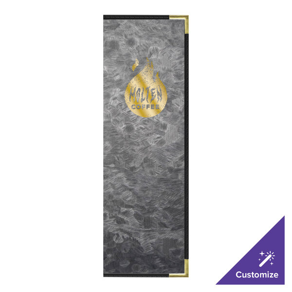 A brushed metallic steel 4 view menu cover with a logo on a grey surface.